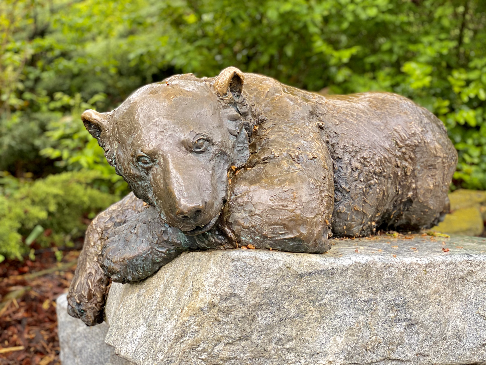 Bronze sculpture of a polar bear lying down