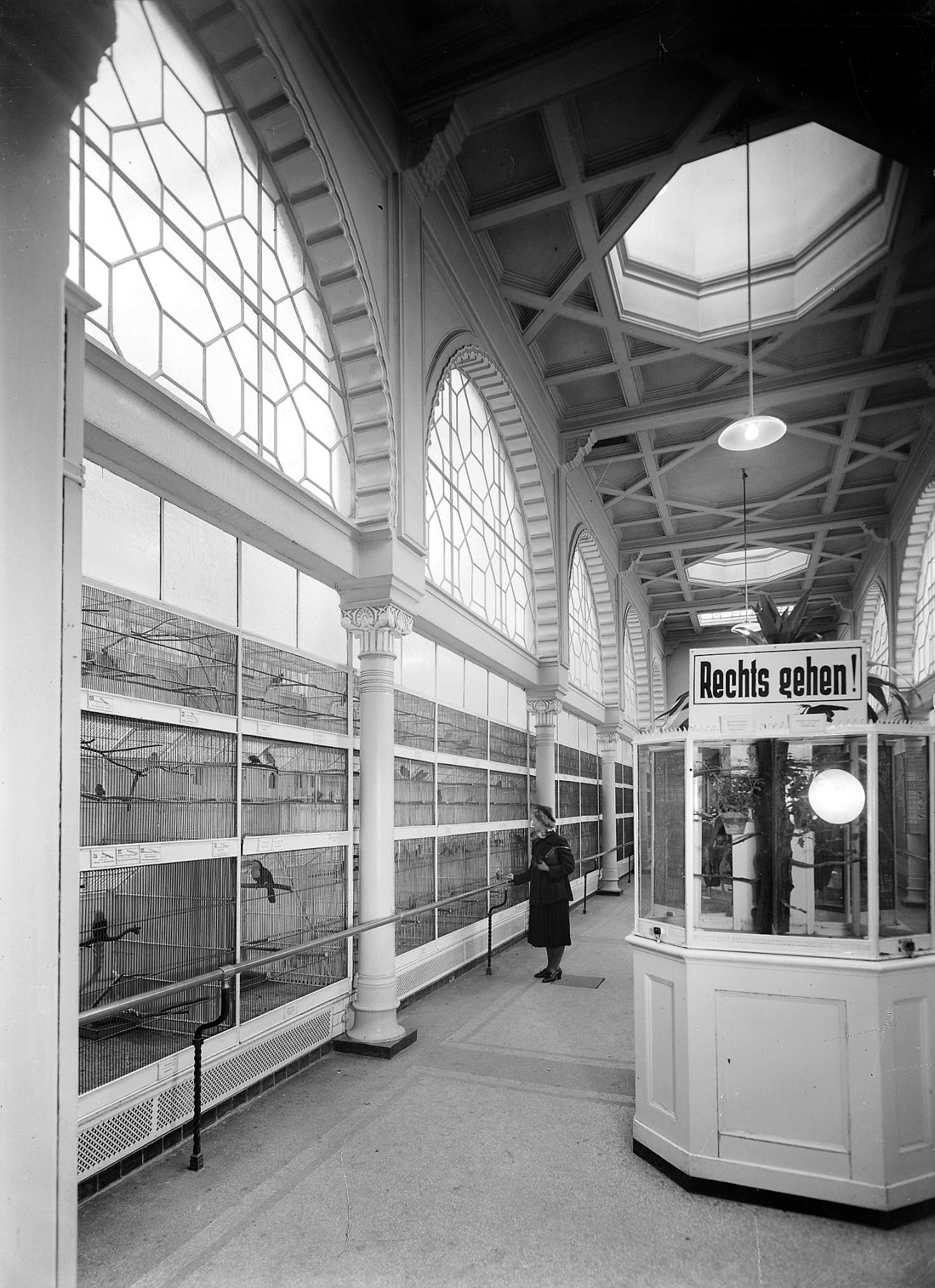 A high, narrow building with skylights, large arched windows, and decorative columns. The wall on the left is covered in rows of bird cages. There is a hexagonal booth at the right of the image with a large sign that says, “Keep right!” A lone woman stands before the wall of cages with her hand on a railing that also serves as a barrier.