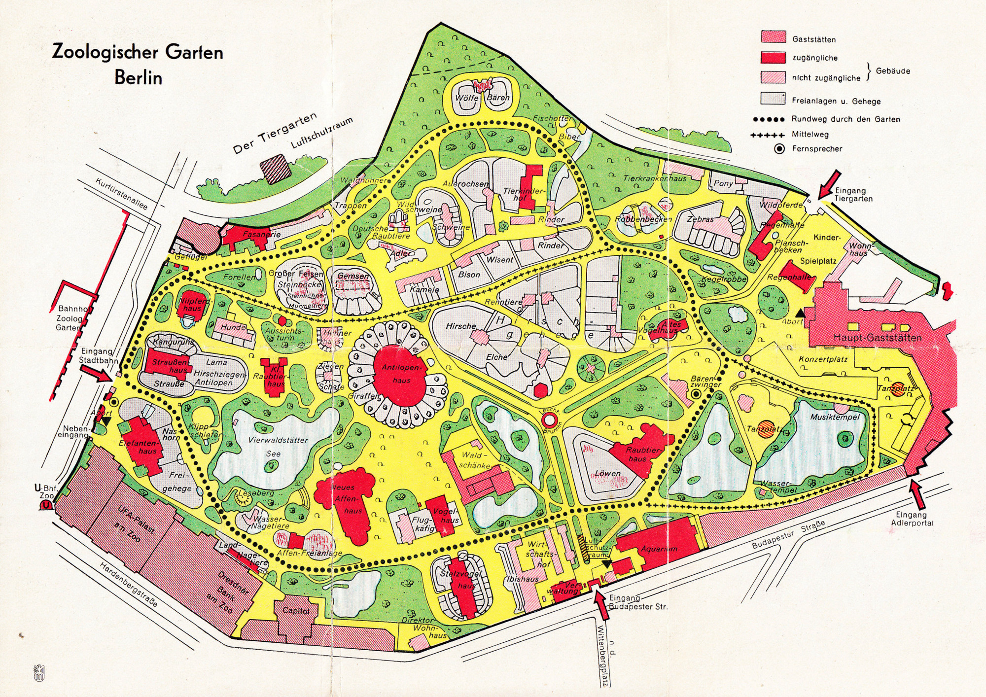 Colorful site plan showing enclosures, lakes, buildings, facilities, two air raid shelters, entrances, and the surrounding streets. Title: Zoological Garden Berlin.