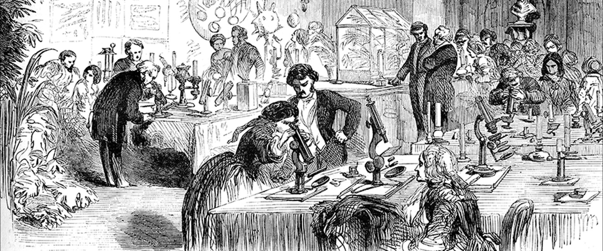 Black and white illustration: Victorians at a demonstration of microscopy.