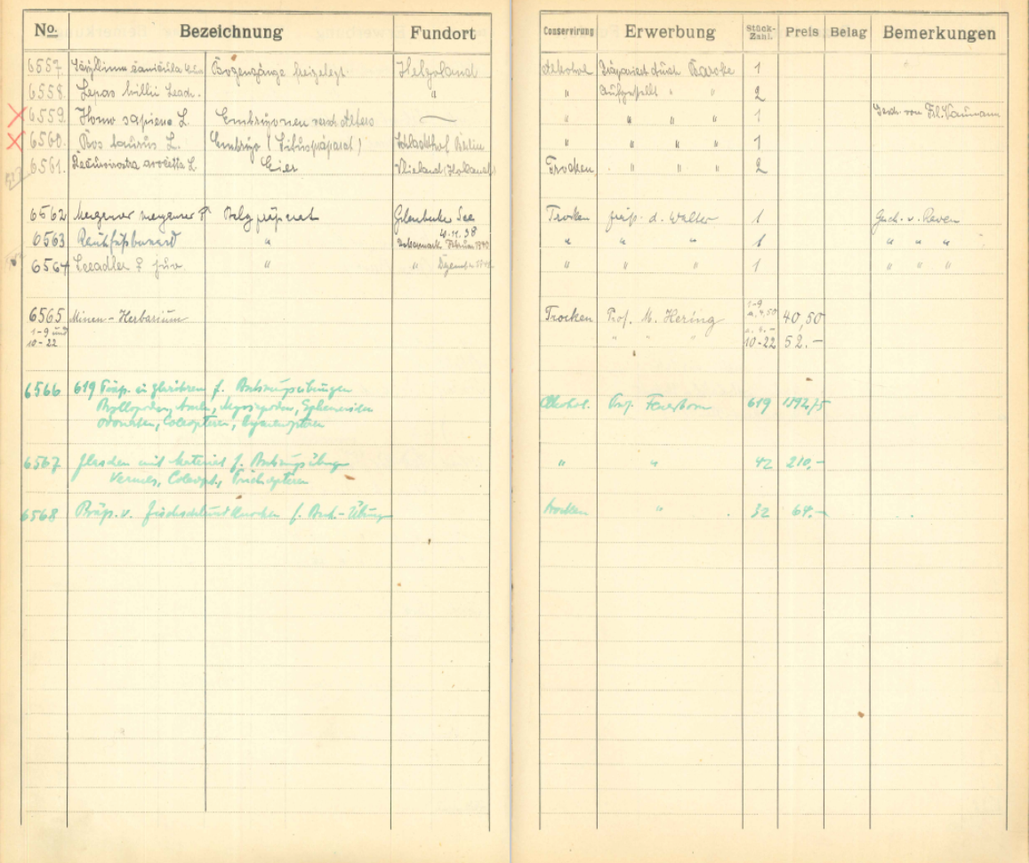 Double page of an inventory book with preprinted columns and headings: number, name, location, preservation, acquisition, number, price, invoice, comments. About half of the double page is filled with entries in green, black, and blue ink.