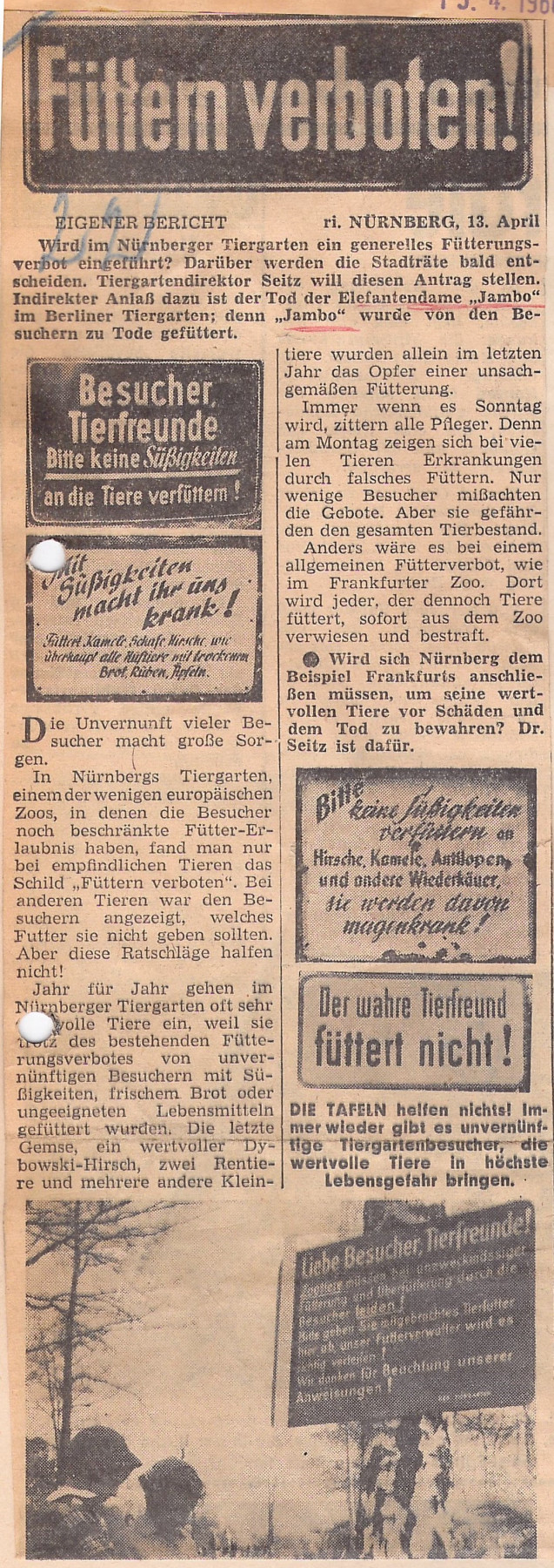 Newspaper clipping. Illustration of prohibition signs: Visitors, animal lovers, please do not feed sweets to the animals; Sweets make us sick; Please do not feed us sweets; Real animal lovers don’t feed the animals; Dear visiting animal lovers (not legible).
