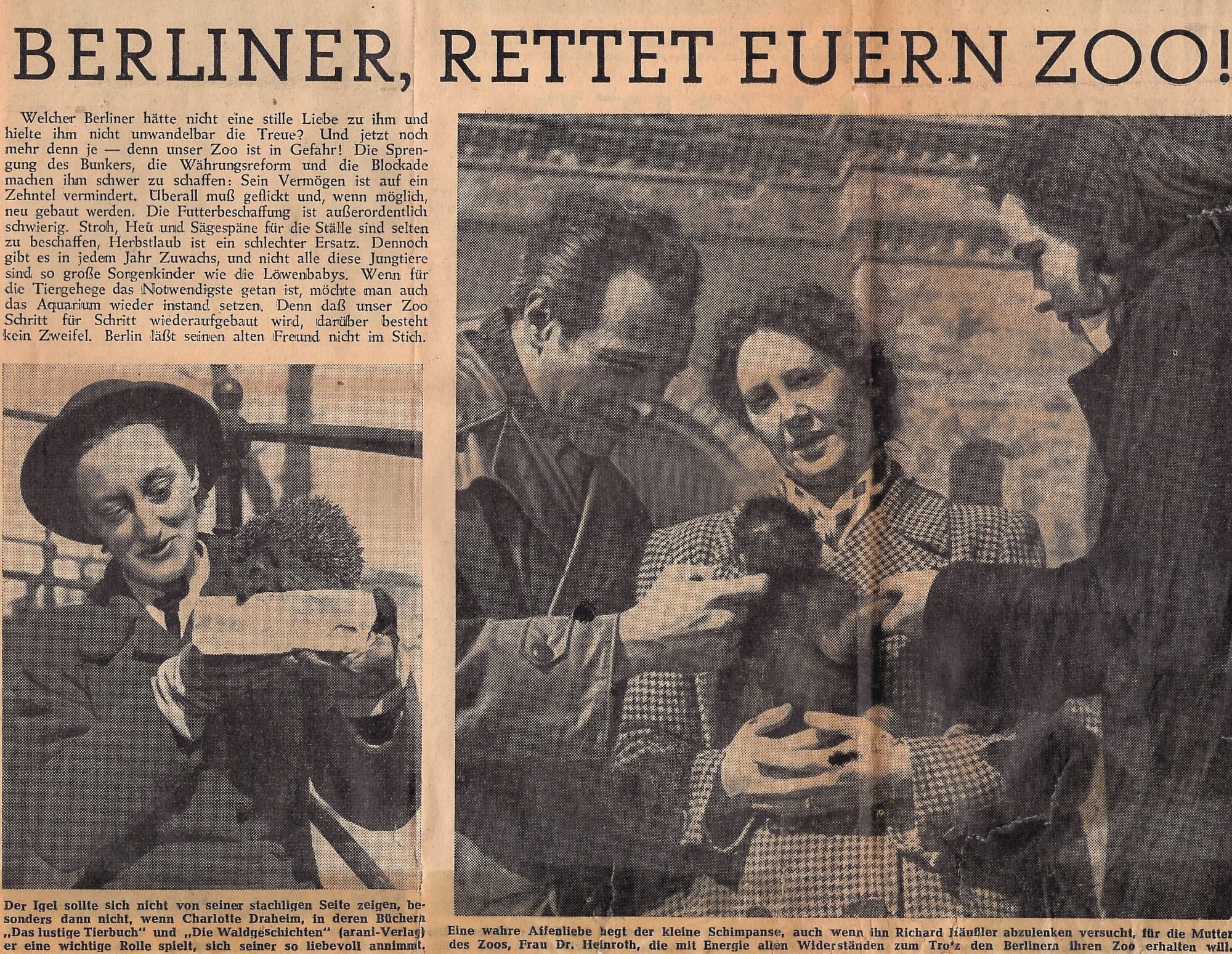 Newspaper clipping. Headline: Berliner, Rettet Euren Zoo! Four photographs showing people with dogs, birds, and a hedgehog.