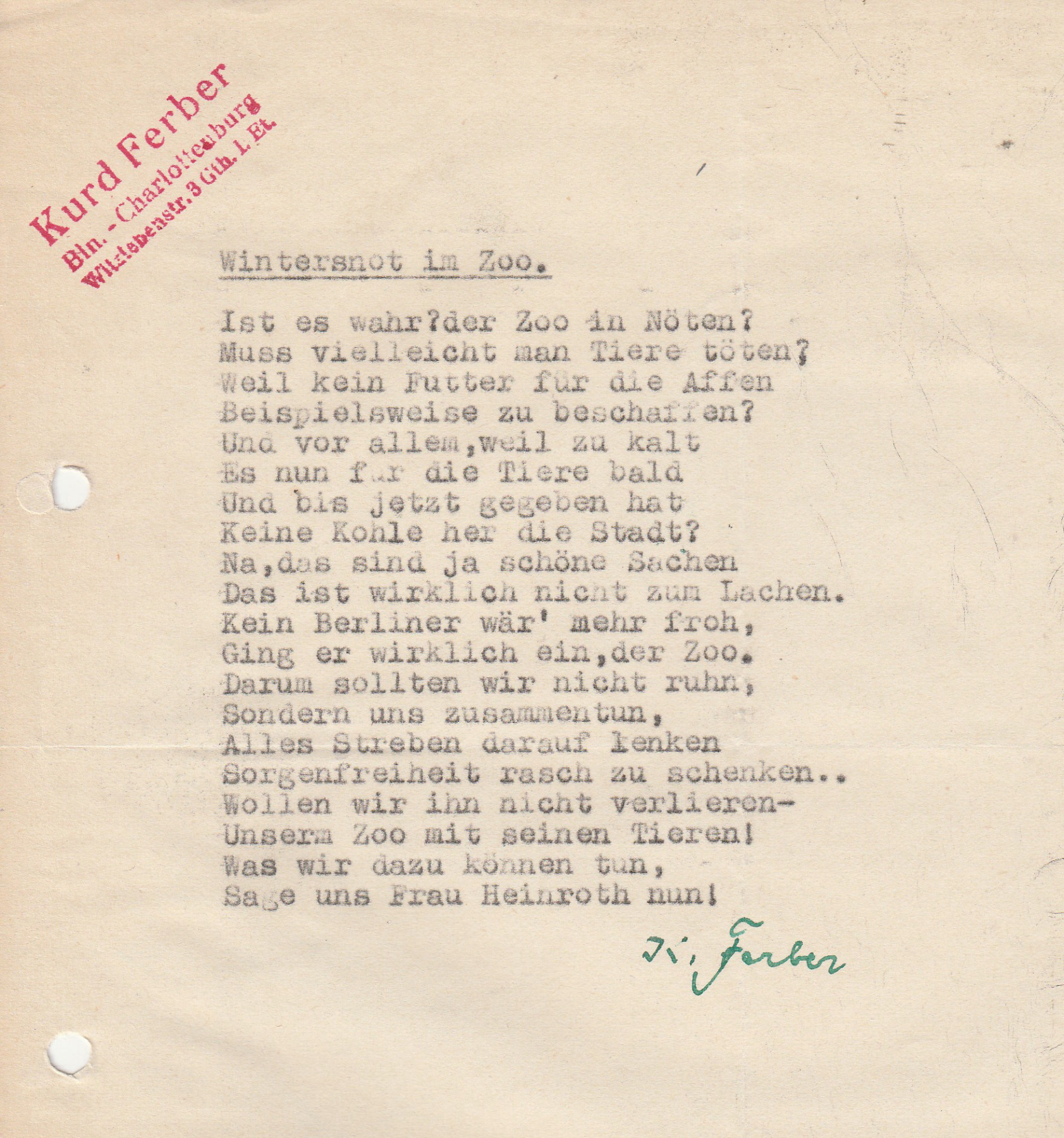 Schreibmaschinengeschriebenes Gedicht auf gelochtem Blatt mit rotem Stempel "Kurd Ferber" und grüner Unterschrift "K. Ferber". Für Transkript, siehe unten.